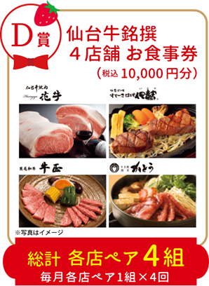 D賞：仙台牛銘撰4店舗お食事券 総計各店ペア4組（毎月各店ペア1組✕4回）